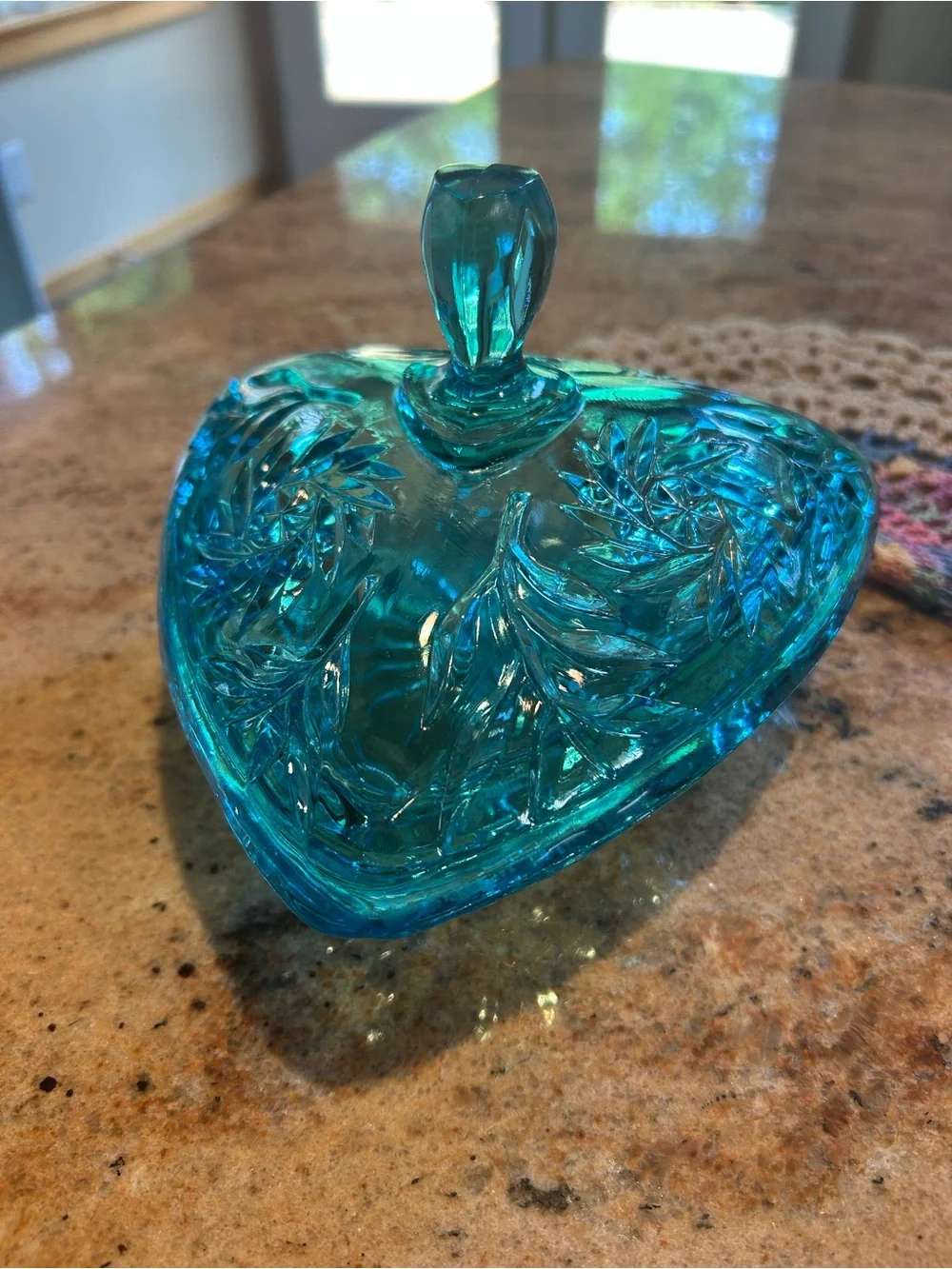 Hazel-Atlas “Capri Blue” Pinwheel Pressed Glass Triangle Covered Dish. MCM 1950